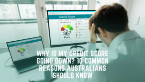 Stressed man holding his head while looking at a poor credit score of 367 on computer screens.
