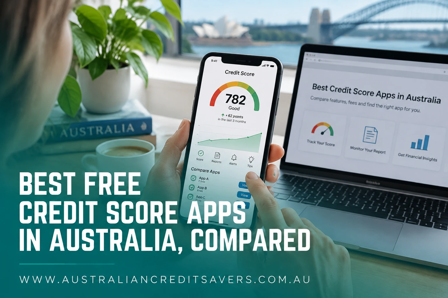 Person comparing free credit score apps in Australia on a smartphone with credit score tracking tools and financial insights