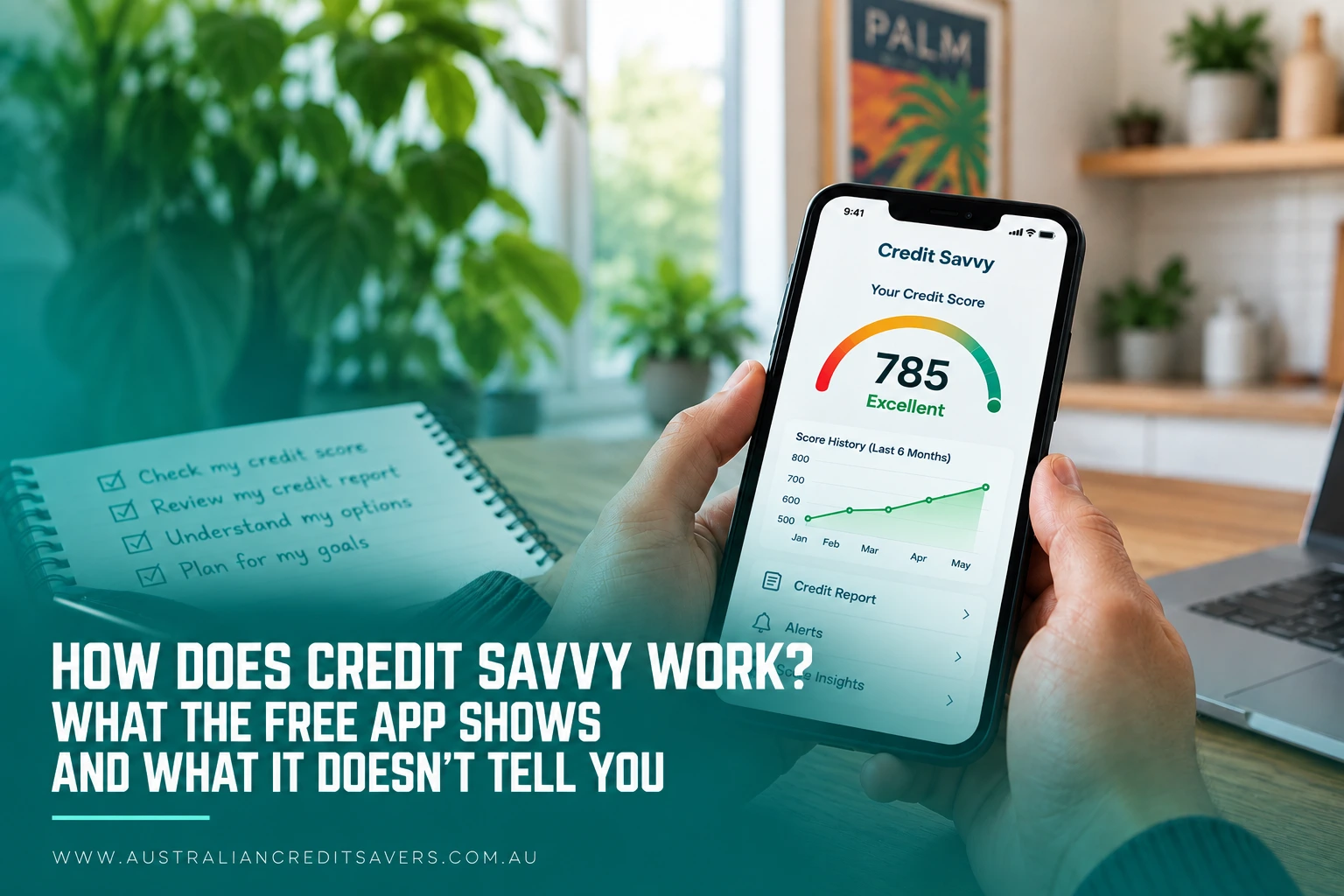 Credit Savvy app showing a credit score, score history and credit report tools on a smartphone