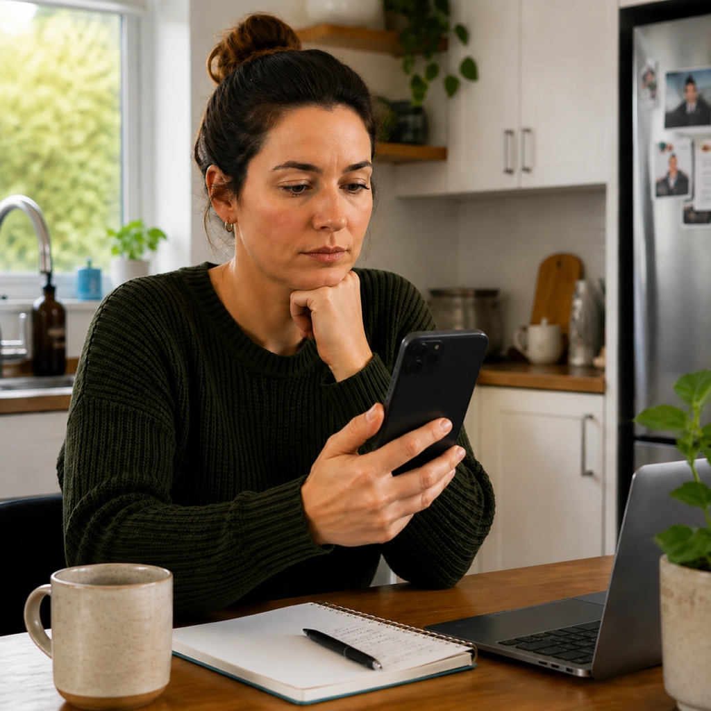 Woman reviewing credit information on a smartphone while planning finances at home.