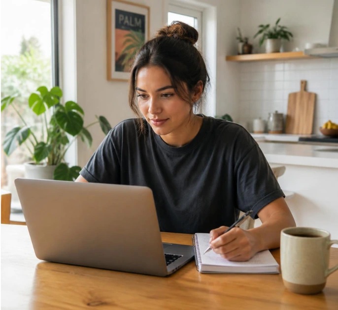 Woman building credit from scratch by reviewing financial documents at home