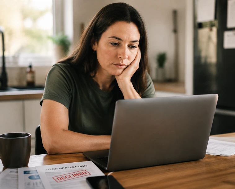 Woman looking at laptop after loan application rejection while reviewing financial documents at home.